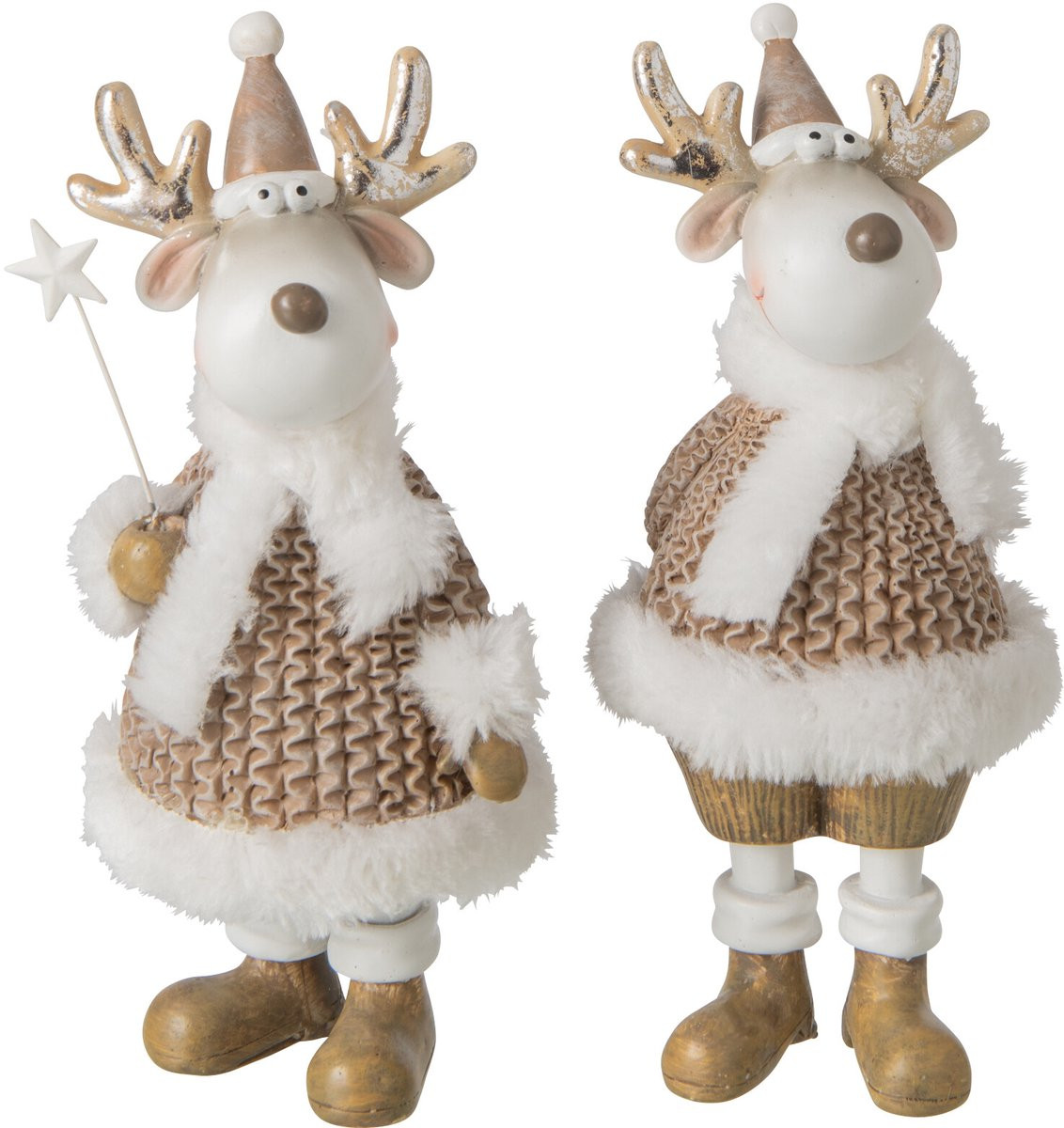 J-Line Rendier met winterkleren tabletop decoratie - wit/beige - 2 stuks