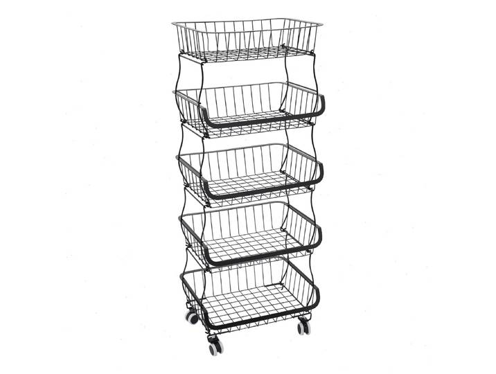 Étagère de cuisine, panier à légumes noir à 5 niveaux avec roulettes, panier à fruits en acier au carbone pour la cuisine, organisateur de garde-manger, gain de place