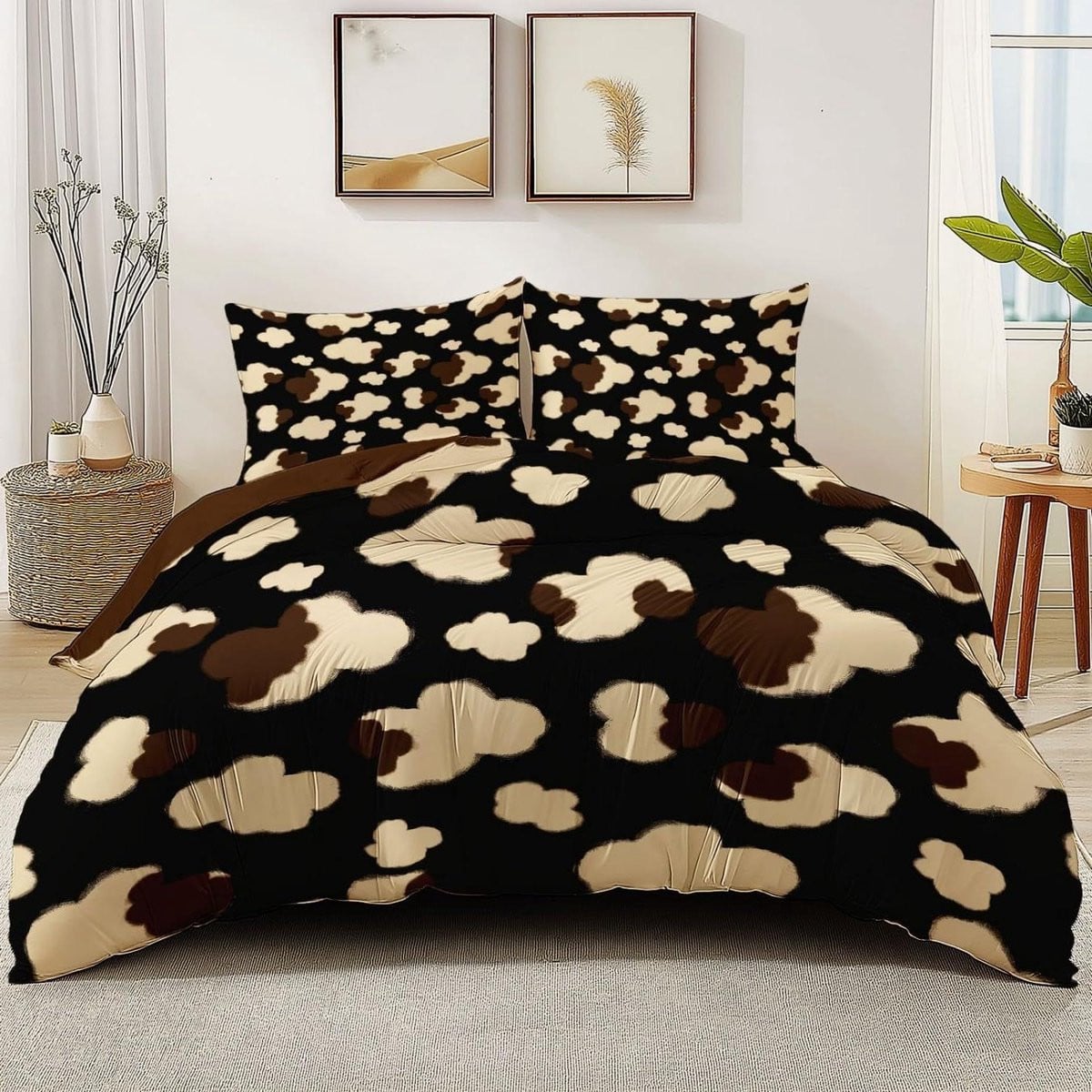 Dekbedovertrek Set met Abstract Koe Wolken Patroon - Bruin - 240 x 220 cm