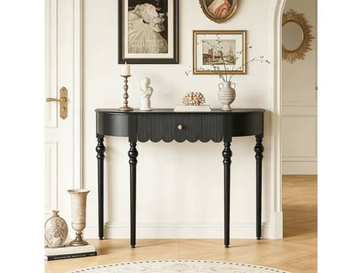 Massivholz Konsole Tisch mit geriffelten Schubladen für Eingangstisch FAS-Qualität Gummiholz, französischer Retro-Stil, schmal platzsparend, Flurkonsole Tisch(Black,47.2in/120cm)
