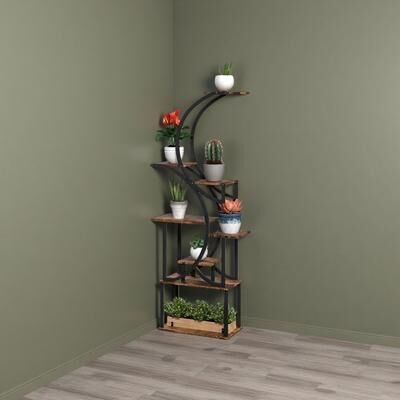 ZWYO HOSIMU "24.4"" Steel Fir Wood 8-Tier S-Shaped Corner Plant Stand with 44lb Capacity per Shelf & Space-Saving Design"
