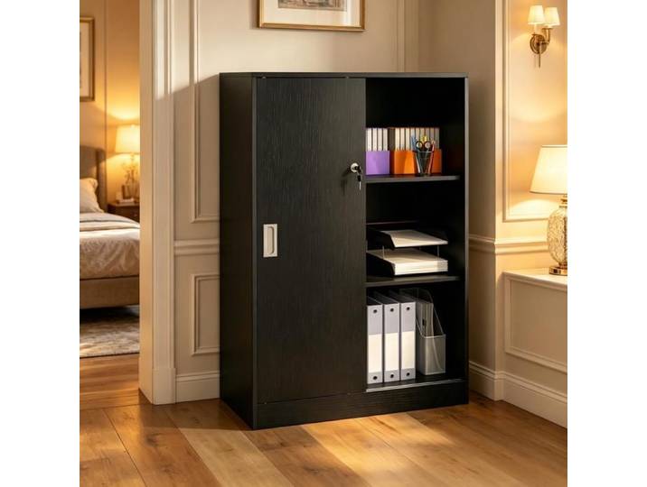 Armoire à documents - Noir - Aluminium & panneaux - 2 étagères/3 compartiments - Portes coulissantes verrouillables