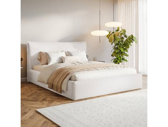 MOTIVENA Leno Bett 120x200 Weiß Boucle, mit Stauraum, mit Kopfteil, mit Lattenrost, ohne Füße, ohne Matratze, Polsterbett 120x200 mit Bettkasten Weiß (Milch)