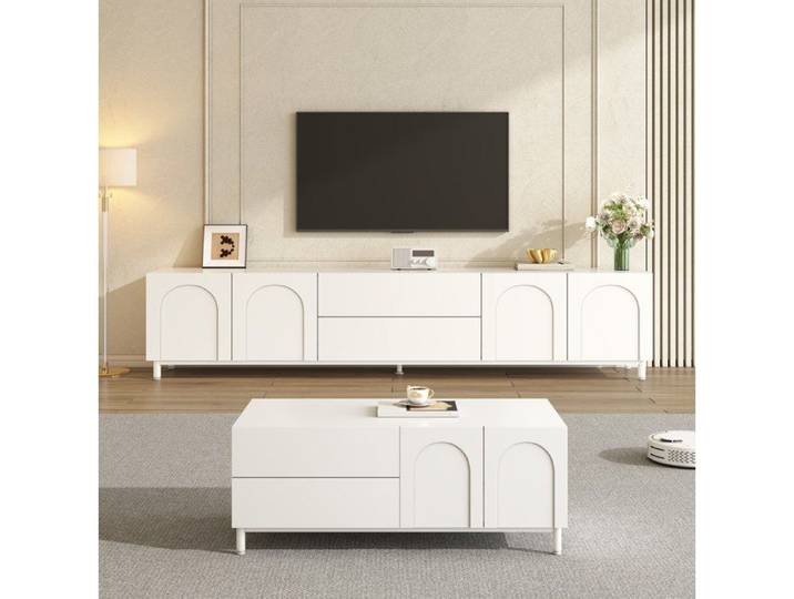 MEULVA Ensemble meuble TV et table basse portes en arche blanc rangement avec tiroirs pieds en métal