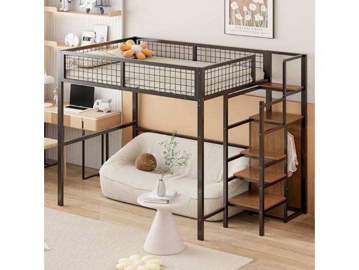 Lit Mezzanine 140x200 Noir avec Échelle et Armoire - Cadre Métallique Stable Mezzanine Enfant avec Espace Rangement