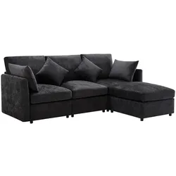 OKWISH Dreisitzer-Sofa 216x161x81 Grau mit Fußhocker, Chenille Stoff, Komfortkissen, L-förmig erweiterbar, Wohnzimmer Couch