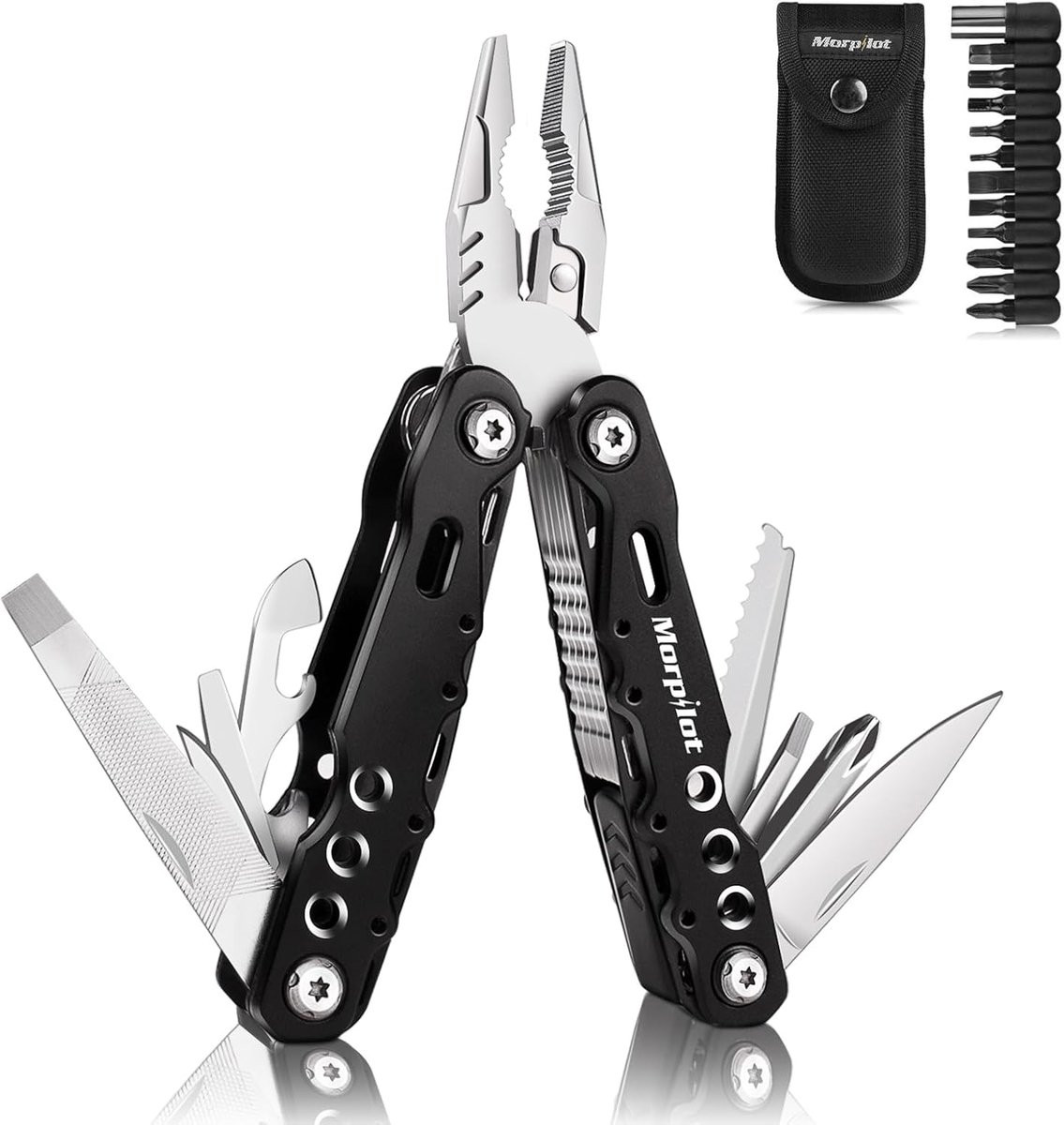 25-in-1 multifunctionele multitool set van roestvrij staal in zilver met tang, schroevendraaiers en mes voor outdoor en camping