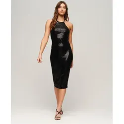 Superdry für Damen. W8011581A Midikleid mit Neckholderausschnitt aus schwarzen Pailletten (M), Party, Polyester, Ärmellos / Hosenträger