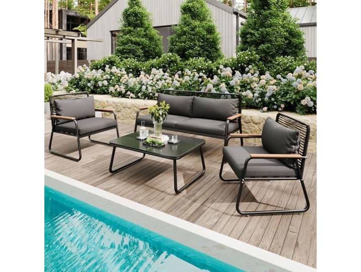 salon de jardin bas - Seyakany - convient pour jardin terrasse piscine - noir