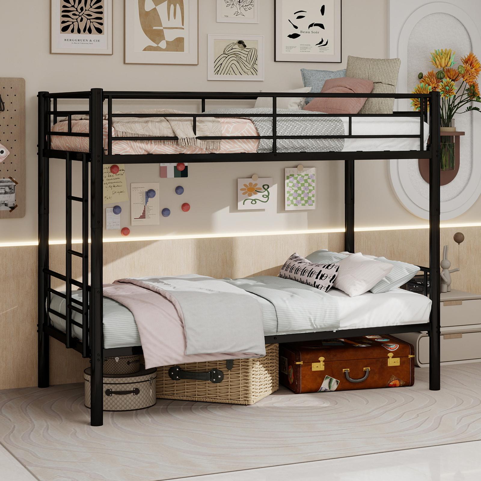 MODFU Etagenbett Kinderbett 90x190 cm Metallbett teilbar Bettrahmen Hochbett mit Leiter und Sicherheitsgeländer für Kinderzimmer Eisen schwarz mit Matratze