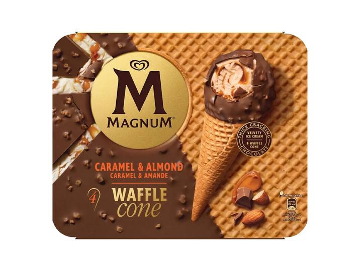 Magnum Cornets de Glace Gaufrette Caramel &amp; Amande Lot de 4 380 ml (4 x 95 ml)