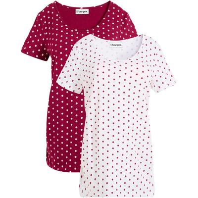 Umstandsshirt BONPRIX, Damen, Gr. 40/42 (M), lila (beere, weiß gepunktet), Obermaterial: 95% Baumwolle, 5% Elasthan, gepunktet, figurbetont, Rundhals, Shirts Umstandsshirt, figurbetonte Passform, seitliche Raffungen, gepunktetes Design