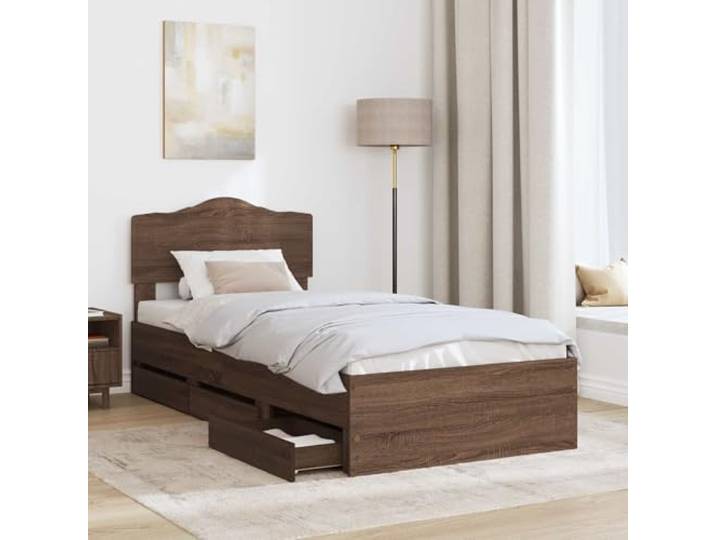 SKTQYQO Bettgestell Eiche Braun 90 x 200 cm Technisches Holz, 6 versteckte Schubladen, Kopfteil inklusive, freistehend