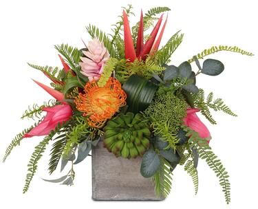Jenny Silks Assorted Tropical Flowers and Greens Silk Flower Arrangement in Pot - 13W x13D x 15H