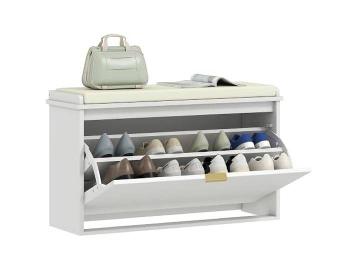 HOMCOM Banc à Chaussures avec Coussin Rembourré 80 x 26 x 47\,5 cm Blanc Meuble à Chaussures\, Tiroir Rabattable\, Banc d'Entrée\, Couloir\, Chambre