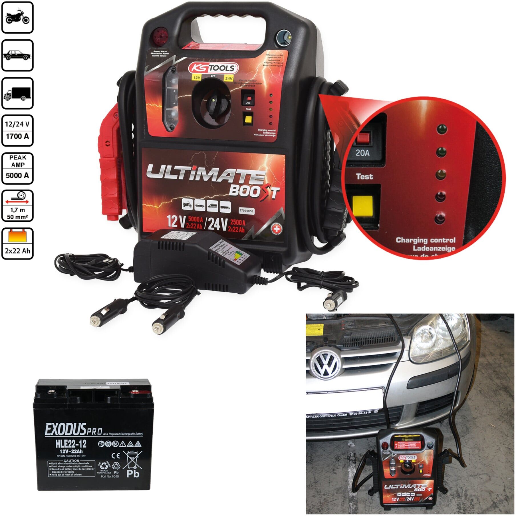 KS Tools 12 V + 24 V Batterie-Booster, mobiles Starthilfegerät 1700 A (550.1820)