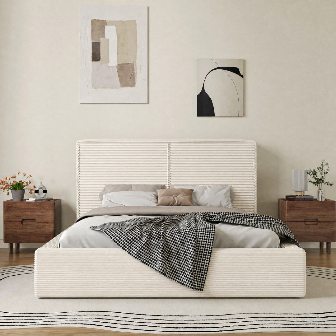 Marlow Home Co. Ottoman Storage Bed Frame with Gas Lift Storage, Corduroy Upholstered Ottoman Bed Easy to Assemble with Just 26 Screws, No Box Spring Required -10 Yea BEIGE King
