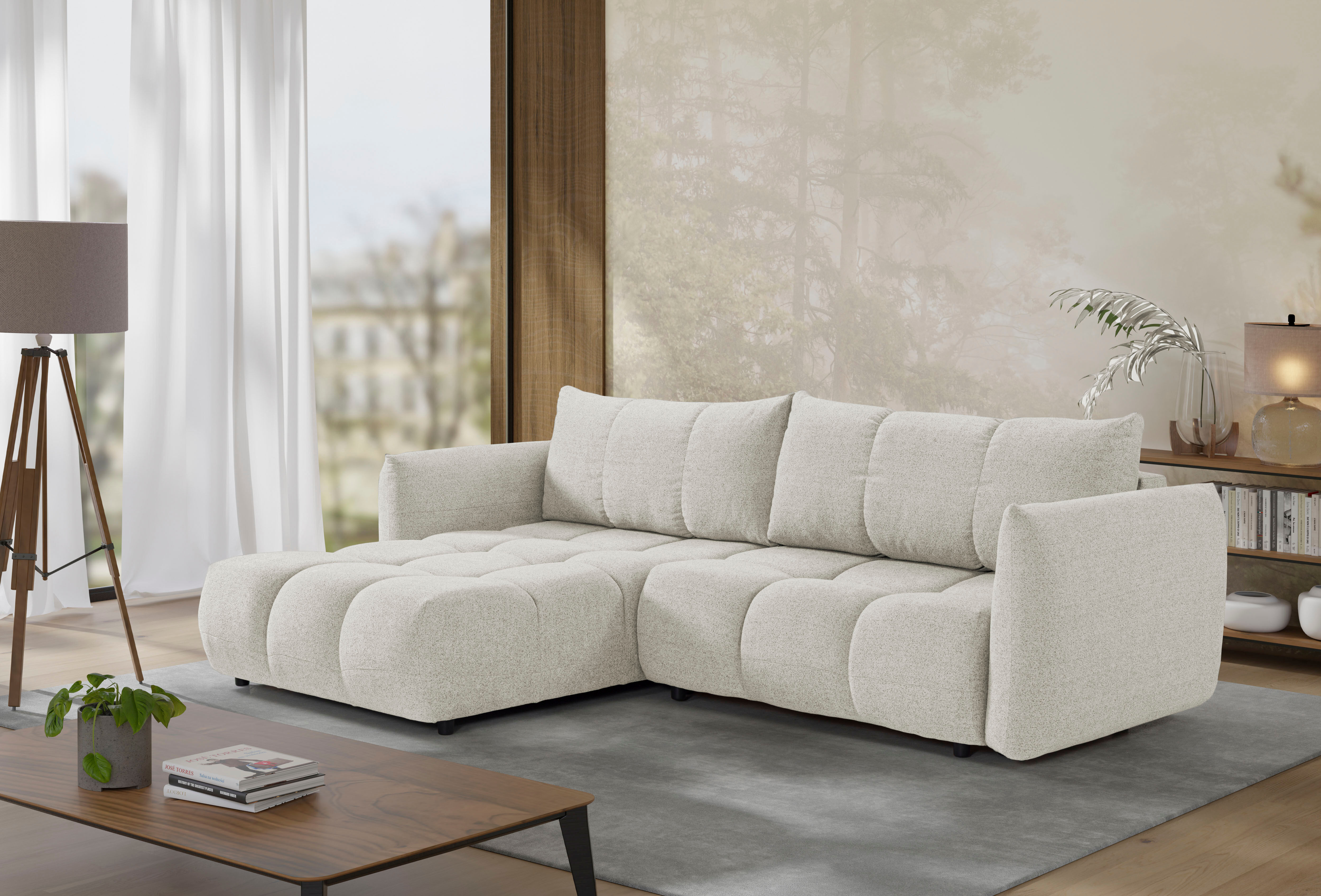 Ecksofa EXXPO - SOFA FASHION "Livonia, B/T: 260/187, modern & praktisch für kleine Räume", beige, B:260cm H:87cm T:187cm, Sofas, Ecksofa, Mit Bettfunktion & Bettkasten,hoher Sitzkomfort,inkl. Steppung, L-Form beige B/H/T: 260cm x 87cm x 187cm, Flachgewebe