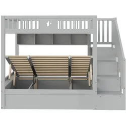 MODFU Etagenbett Holz Grau 140x200 cm mit hydraulischem Unterbett, Stauraumtreppe und Regalen
