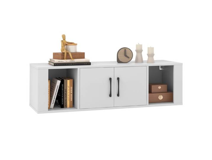 Meuble Étagère Murale à 2 Portes COSTWAY Armoire de Rangement Flottant à 2 Cubes Ouverts sous Télévision Bureau de Console Blanc