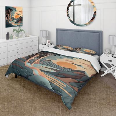 DESIGN ART "Designart ""Mountain Trees In Retro Graphic Blue"" Yellow Traditional - Bedding Set With Shams"