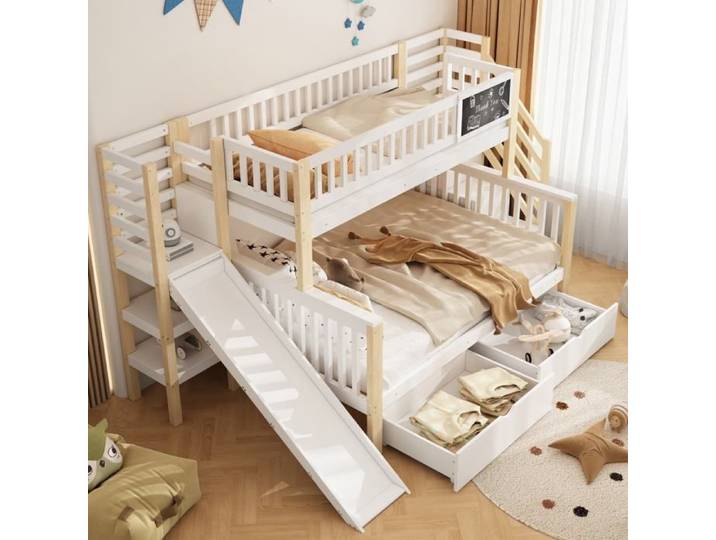 Lit maison superposé 140x200+90x200 cm blanc avec toboggan et rangements