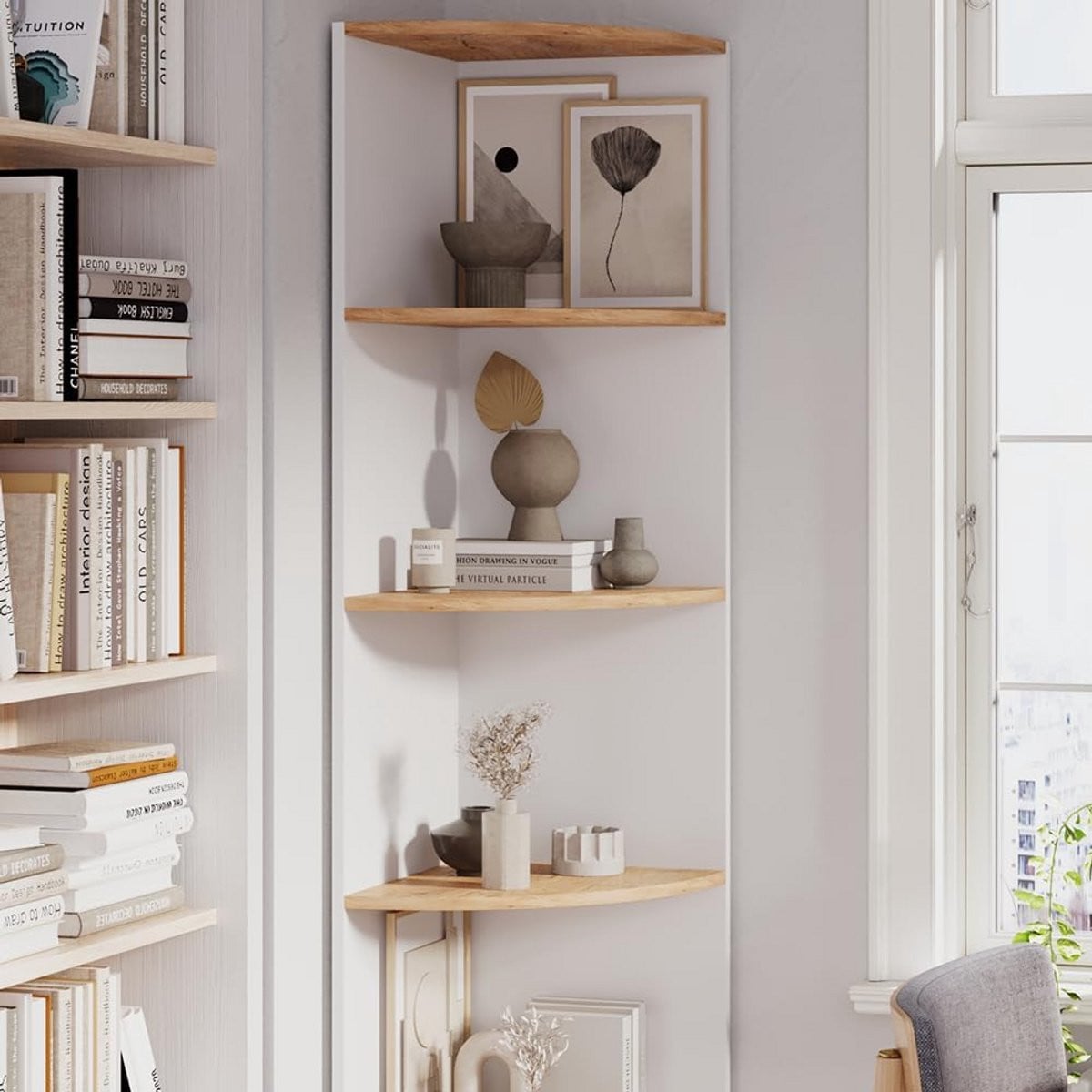 Strak Hoekrek met 5 Planken - Staande Boekenkast Wit/Eiken Hout
