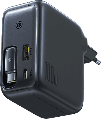 Cargador móvil - Baseus EnerCore, 100W, Carga ultrarrápida, Con cable retráctil, Tipo-C y USB, Universal, Negro