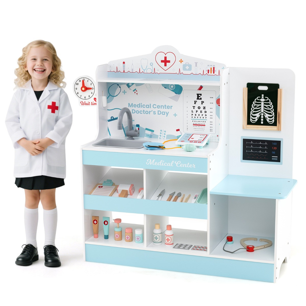 Costway Houten Dokter Speelset Medisch Centrum voor Kinderen met Klok, Wastafel, Gezichtstest Tafel en EKG Monitor - Blauw