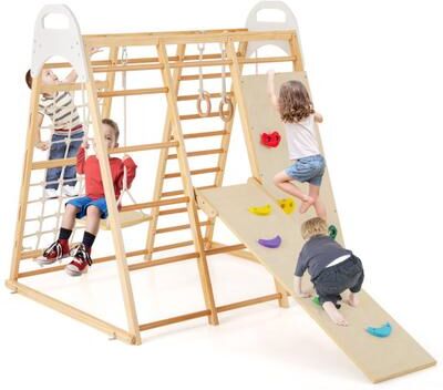 Costway 8-in-1 Wooden Jungle Gym Playset with Slide and Monkey Bars-Natural