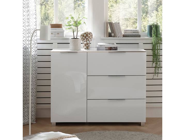 Commode 121 x 96 x 38cm Blanc/Blanc/Imitation chêne