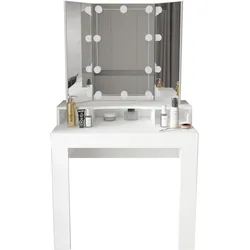 SCHMINKTISCH 89 cm Weiß mit LED Beleuchtung, Spiegel 3-tlg und Schublade