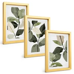 BILDER SET 3er Set - 20x30 cm Goldrahmen - Bemalte Boho-Pflanzenblätter