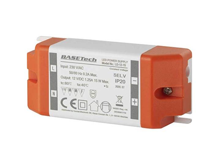 Basetech LD-12-15 LED-transformator Constante spanning 15 W 1.25 A Geschikt voor meubels, Overspanning, Montage op ontv