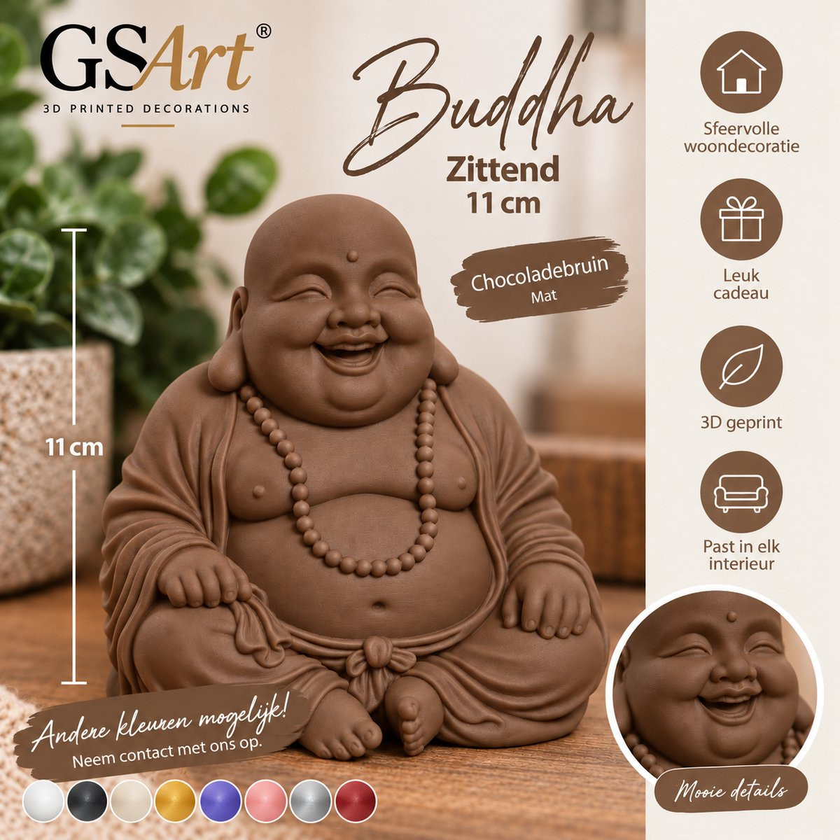 GSArt Decoratief Beeld Buddha Zittend - 3D Geprint - Chocoladebruin - Hoogte: 11 cm