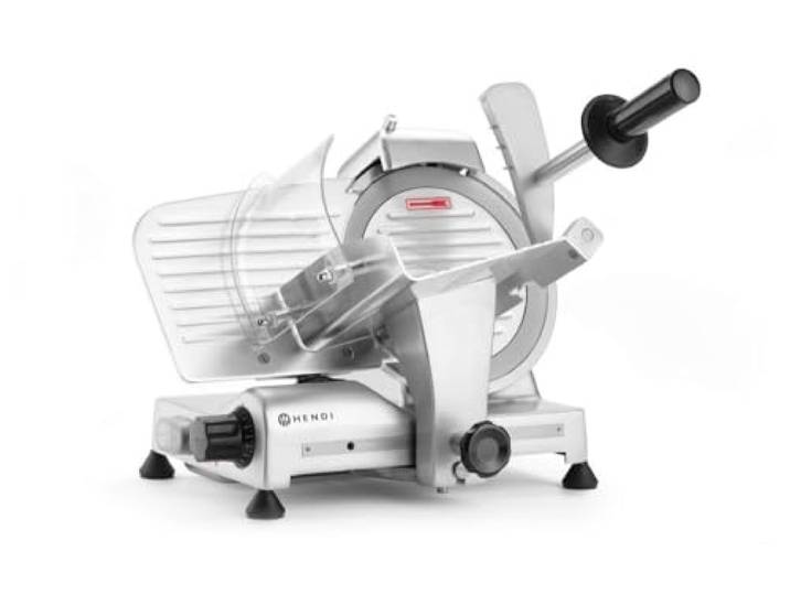 HENDI Aufschnittmaschine, Profi Line 195, Messerdurchmesser: 195mm, Allesschneider, Stufenlos einstellbare Schnittstärke (0-12mm), 220-240V/200W, 416x400x(H)335mm, Aluminium, Edelstahl