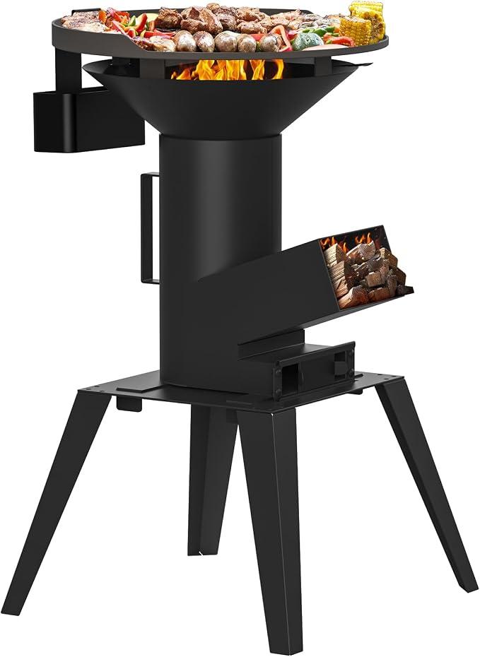 Raketenofen Set mit Grillplatte, Grillrost und Topfgestell, 3 in 1 Multifunktion Rocket Stove, Raketenofen Groß mit Standfüßen, Tragbarer Holzofen für Outdoor, Campinggrill