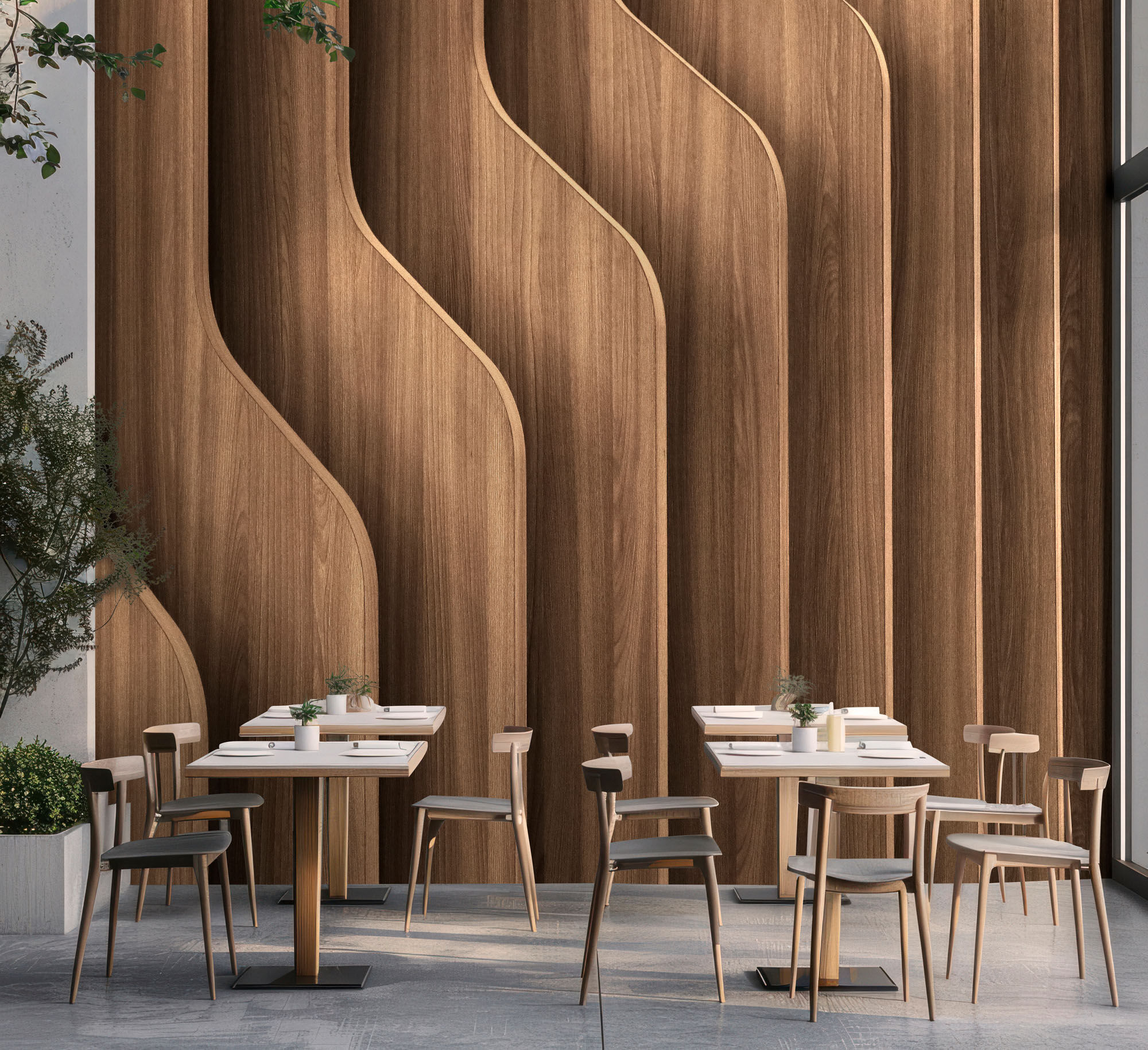 Fototapete LIVING WALLS "Walls by Patel 5 Fototapete 3D-Holzpaneele", hellbraun, B:4m H:0m L:2,7m, Vlies, Tapeten, 3D-Holzpaneele auf 200 g/m² Premium-Vlies