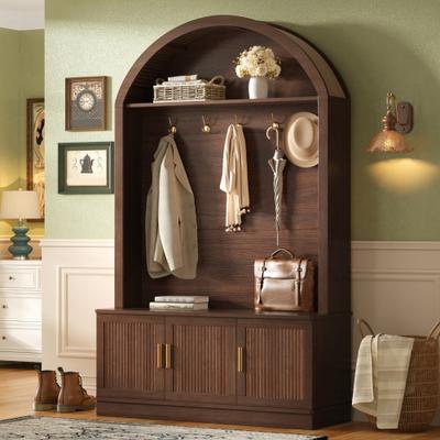 Farmhouse Fabric Arched Top Hall Tree with 5 Metal Hooks, All-in-One Mudroom Furniture with Adjustable Shelves