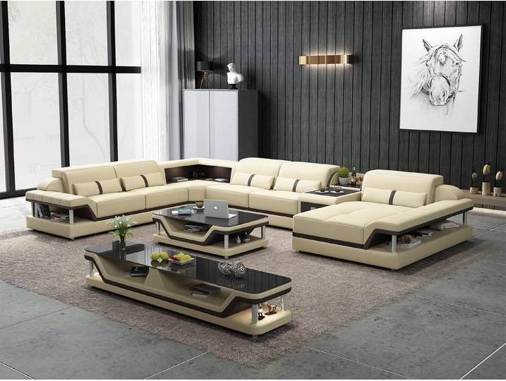 JVmoebel Wohnlandschaft Beiges Ecksofa aus Leder mit Couchtisch für modernes Wohnen, Made in Europa
