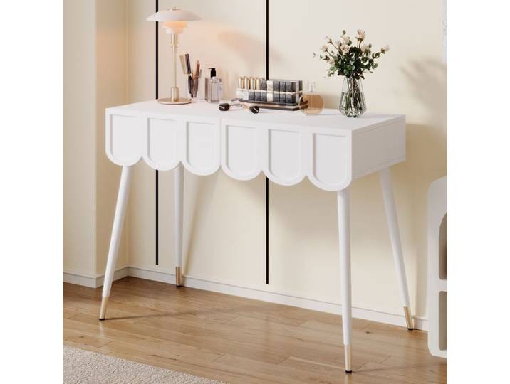 Coiffeuse bureau blanche 100x40x76 cm table de maquillage avec 2 tiroirs ondulés pieds en métal rangement pour chambre dressing