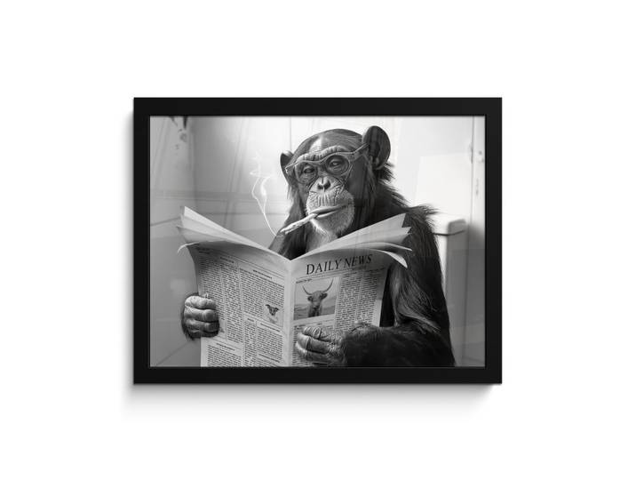 MuchoWow Poster MIT Rahmengerahmtes Bild - Affe - WC - Zeitung - Schwarz-Weiß - Humor - 40x30 cm, Hellgrau, Papier, Rechteckig, 40x30 cm, gerahmt, Bilder & Rahmen, Bilder