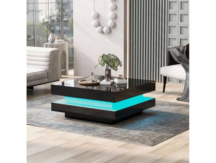 Table Basse Carrée Noire Table De Salon LED FloraGrace Pour Salon Contrôle Bluetooth USB 70x70x36cm
