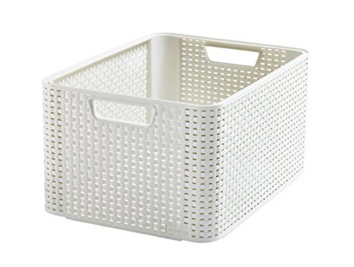 Curver Panière de Rangement 30L en avec Un Design Rotin Tressé pour Salle de Bain\, Chambre\, Bureau - Poignées Ergonomiques - Ivoire