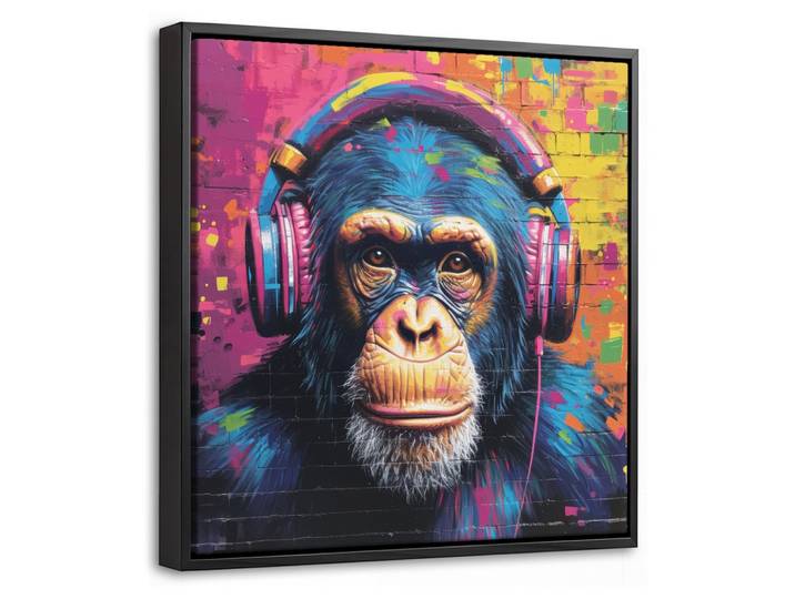 LEINWAND Bilder mit Rahmen - Graffiti - Schimpanse - Straßenkunst - Kopfhörer - Affe - 20x20