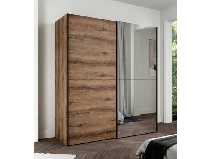 Forte KAIKAIS Kleiderschrank 170, Schrank mit 2 Schwebetüren, Spiegeltür, Kleiderstange, klassischer Kleiderschrank, Holzwerkstoff, Edeleiche Holzdekor, 170,3 cm breit x 190,5 cm hoch x 61,2 cm tief