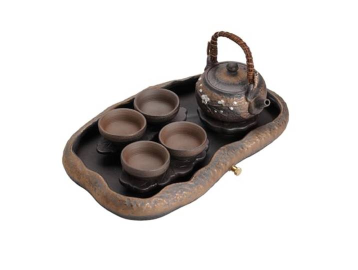 YoeEoay Handgefertigtes Traditionelles Chinesisches Ton-Teeservice - Set Mit Teekanne (350ml), 4 Teebechern (50ml) Und Serviertablett Im Reservoir-Stil