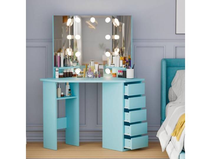 Coiffeuse - HOMDOX - Coiffeuse d'angle 112x50x143cm - Coiffeuse meuble moderne à 5 tiroirs et étagère pour femmes et filles-Bleu