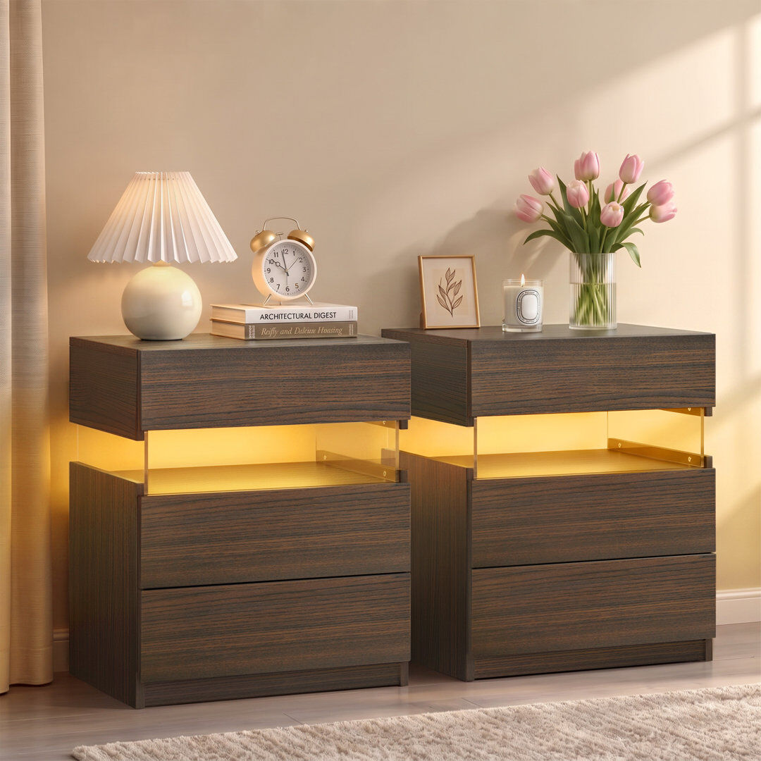 Metro LED Bedside Table Set of 2 with Drawers Brown 60cm H X 45cm W X 37.5cm D