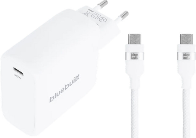 BlueBuilt 100W GaN USB-C Oplader Wit met 240W USB-C Nylon Kabel 2m Wit